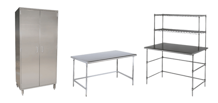 Stainless steel kitchen furniture set featuring a tall cabinet with double doors, a rectangular table, and a workstation with two overhead shelves, crafted to meet the standards of cleanroom products.