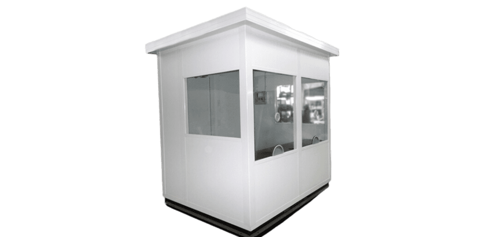 A white rectangular ticket booth with large glass windows on three sides. It has a flat roof and seems to be made of metal or fiberglass. The booth is isolated on a plain background, offering a clear view for convenience and security.