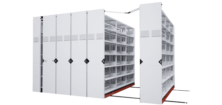 Electric mobile shelving units with tall, white structures glide effortlessly along tracks. One unit is partially open, showcasing the efficient and compact interior storage system designed for optimal space-saving organization.