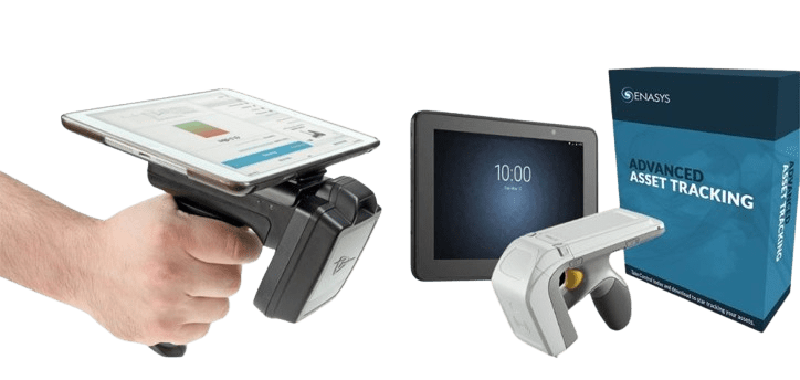 A hand holds a barcode scanner connected to a tablet screen displaying data. Nearby, another tablet shows 10:00 alongside a handheld scanning device. On the right, a box labeled Advanced Asset Tracking highlights the power of Enasys Asset Tracking Software in managing assets efficiently.