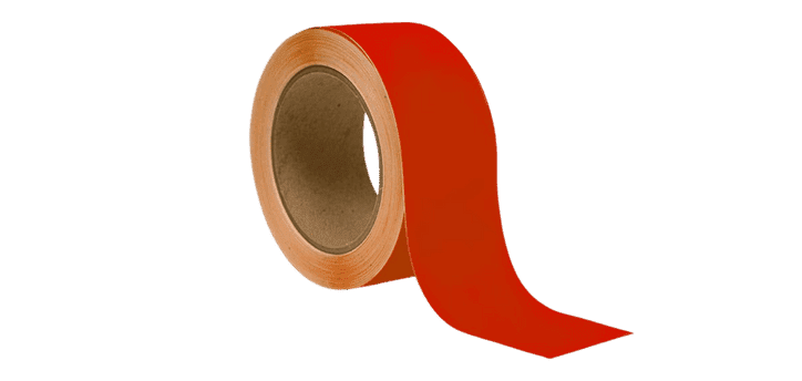 A roll of red duct tape, vital for warehouse organization and safety, features one end partially unrolled to reveal the adhesive side. Positioned diagonally with the tape extending to the right, it stands out against a plain white background.