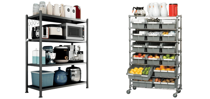 Two metal shelving units stand side by side, showcasing ideal food service shelving solutions. The left unit organizes kitchen appliances like a microwave and toaster. Meanwhile, the right units shelves brim with bins of fruits and vegetables, including apples, lemons, and oranges.