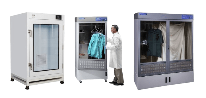 Three drying cabinets are shown. The first is white with a clear door. A man in a lab coat examines the second, which contains clothing inside, perfect for forensic evidence storage solutions. The third features two compartments with hanging garments visible through transparent doors.