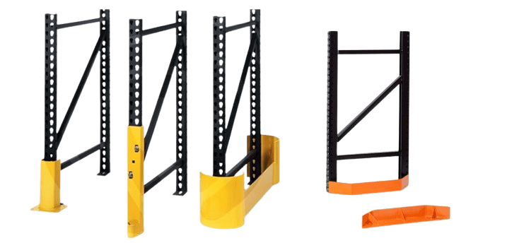 Various black metal frames and bright yellow protective guards for shelves and racks. These industrial rack safety accessories stand upright, some featuring attached yellow guards, designed to protect the structure. Perfect for enhancing warehouse safety solutions.