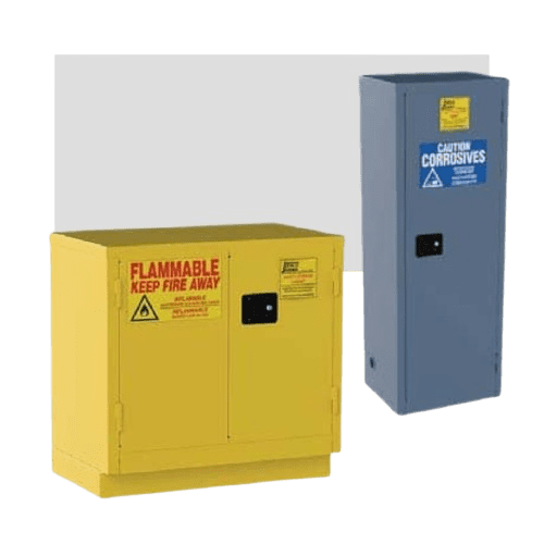 Two safety cabinets; a yellow one labeled Flammable with a warning to keep fire away, and a gray-blue one labeled Caution Corrosives. Both cabinets have stickers with safety information and warning symbols.