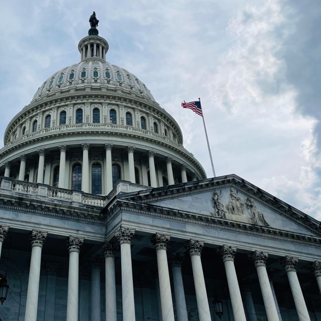 The image showcases the United States Capitol building in Washington, D.C., where its large dome and rows of columns stand prominently. An American flag flies atop the structure against a partly cloudy sky, evoking a sense of grandeur akin to an organized warehouse department.