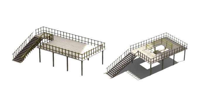 Two 3D renderings display elevated platforms with stairs and railings. The first is a plain platform; the second reveals a cutaway view showing an interior room underneath. Both platforms, featuring mezzanine floors for fire safety, are supported by vertical beams.