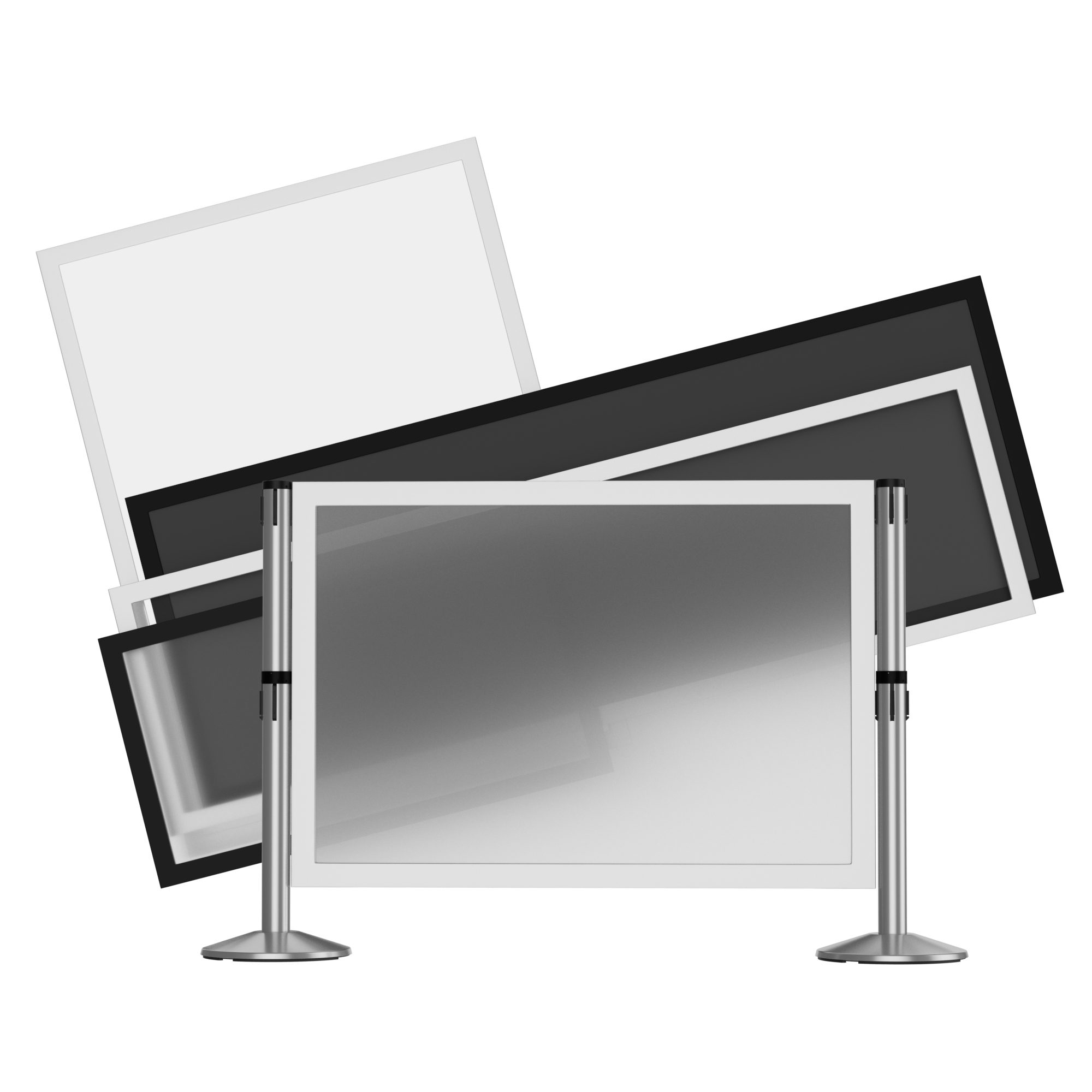 A transparent display panel is elegantly supported by two chrome stanchions, reminiscent of crowd control setups at political rallies. Behind it, layered black and white frames of various sizes create a dynamic backdrop, adding to the overall modern and minimalist aesthetic.