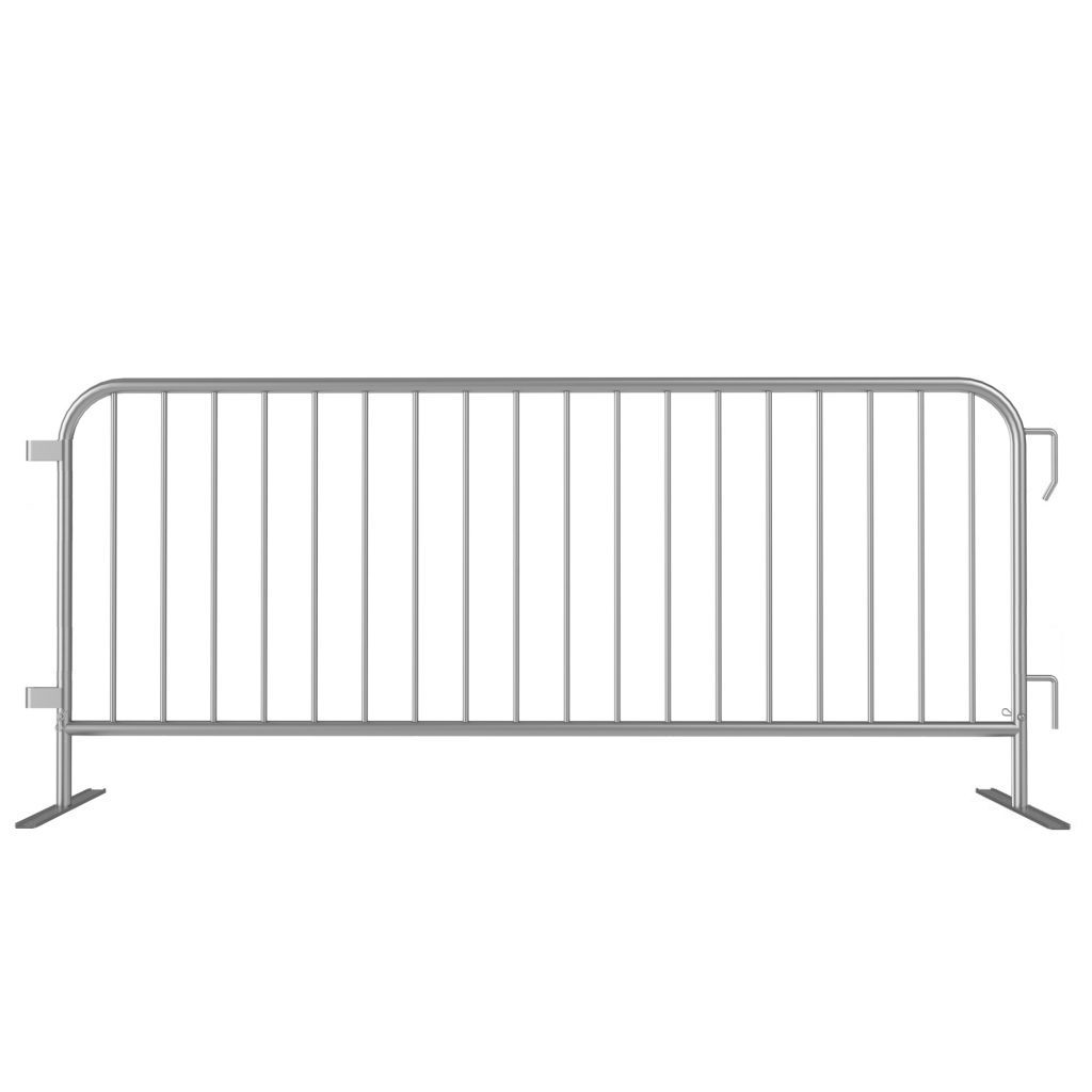A metal crowd control barrier with vertical bars and two supporting feet stands prominently against a white background, ideal for managing the flow at political rallies and events.
