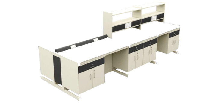 High-quality laboratory furniture features two beige desks with green countertops, perfect for analytical testing. Cabinets and drawers lie beneath, while shelves with electrical outlets sit above. A dividing panel ensures organized and efficient workspace between the two stations.