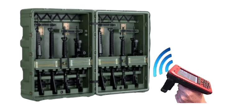 A green military equipment box with antennas reveals intricate assembly. A hand holds a red handheld device emitting blue wave signals, suggesting RFID communication for weapons tracking.