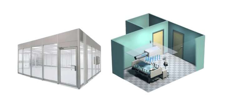 Illustration of two laboratory rooms: The left depicts a glass-walled cleanroom, akin to an isolation room, while the right showcases a lab with green walls, lab equipment on a table, and a chair on a checkered floor, emphasizing a scientific workspace.