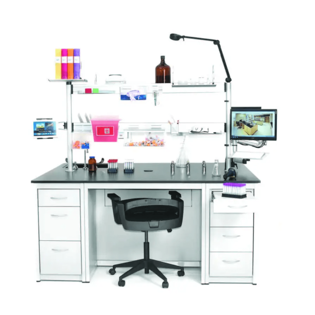 Laboratory workstation with task lighting, shelves and an adjustable monitor arm