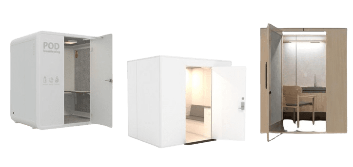 Three distinct soundproof work pods are showcased: the first is a white pod with a side door; the second, ideal for lactation needs, proudly stands open; and the third offers a glimpse inside, revealing a cozy wooden interior with a chair and desk for convenience.