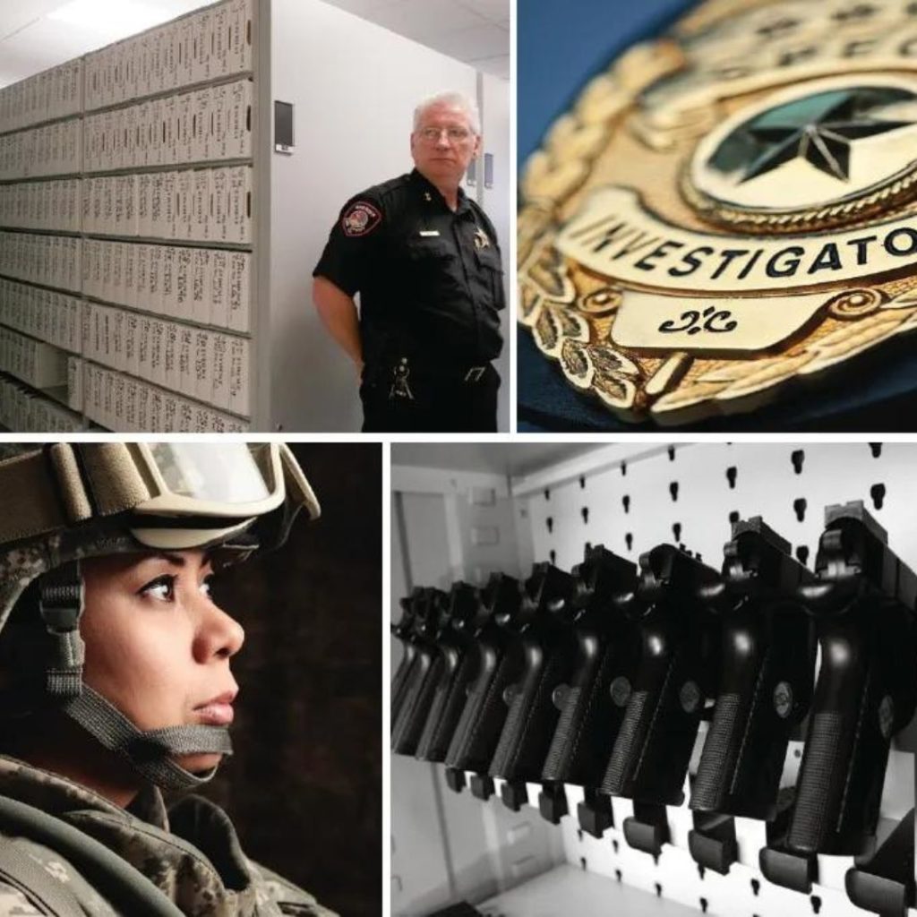 Collage of images: A person in uniform stands near warehouse file storage; a close-up of an investigator badge; a person wearing military gear looks into the distance; and a row of holstered guns on a wall.