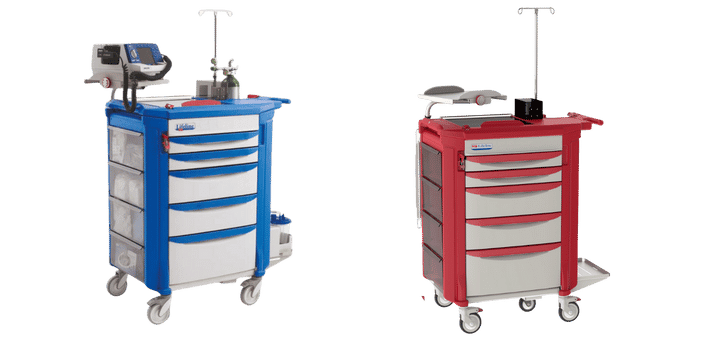 Placed against a white backdrop, two Lifeline Crash Carts appear, one blue and one red. Each cart is equipped with drawers and medical instruments including a monitor and an adjustable IV pole, ensuring readiness for emergency scenarios.