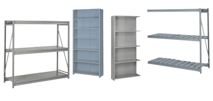 A variety of metal shelving units are displayed: a wide shelf with two tiers on the left, a tall blue Lyons Shelving bookshelf with five shelves in the center, a gray bookshelf beside it, and a large two-tier industrial shelf on the right, showcasing durable heavy-duty shelving for any space.