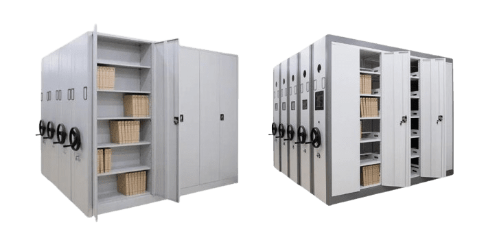 Two gray manual mobile shelving units with wheels allow for easy access. The partially open design reveals shelves brimming with beige file folders, offering an organized storage solution that optimizes space in offices or archives.