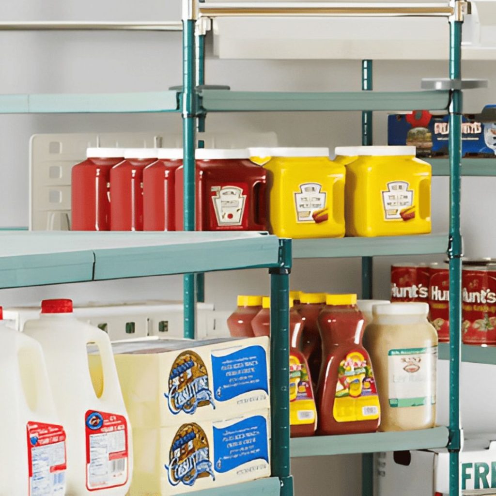 Shelves stocked with various food items, including large yellow containers with a brown label, red bottles resembling ketchup, milk jugs, and juice bottles. Other grocery items are partially visible in the background, all contributing to the essentials that support daily healthcare needs.