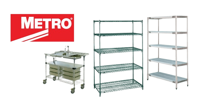 The red and white Metro logo elegantly sits above the display of Metro Wire Shelving units: the left features wheels and trays, the center showcases a sleek wire rack, and the right boasts a solid shelf design.
