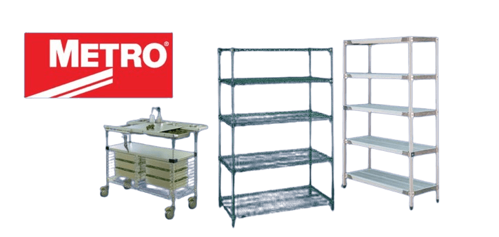 Shelving units and a utility cart are showcased against a solid backdrop. The cart features two shelves with trays and handles, flanked by metal and plastic Metro Wire Shelving units. A red METRO logo graces the top left corner.