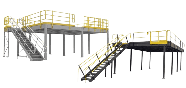 Two industrial platforms with stairs. The left platform is gray with yellow railings, featuring a metal stairway. The right platform is black, also with yellow railings, and has a black stairway. Both are elevated on metal supports.