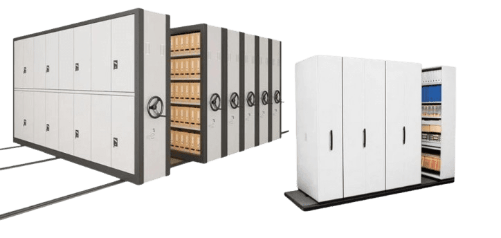 Mobile shelving units for state offices feature closed and open sections, displaying stored files and boxes. Equipped with handles, these units are set on tracks for easy sliding. The image highlights efficient storage solutions ideal for governmental spaces.