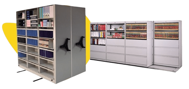 Two document storage cabinets filled with books and files. The cabinet on the left has a manual rotating handle, ideal for secure medical records shelving, while the other cabinets align in a row. Both types are crafted to maximize storage efficiency for health information management.