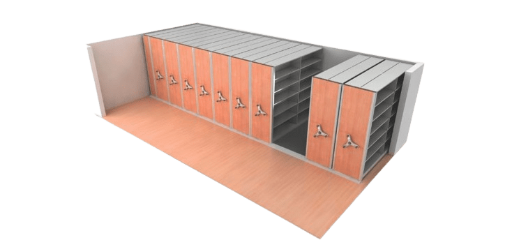 Image of a row of mobile shelving units, perfect for Northrup Grummans efficient space use. These wooden cabinets on tracks feature multiple shelves and metal handles for easy sliding. The wooden floor and light gray walls provide a harmonious backdrop.