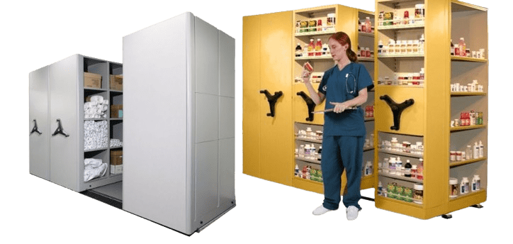 A nurse in blue scrubs opens a yellow storage unit filled with medical supplies, utilizing mobile shelving for pharmaceutical supplies. Next to her, a gray storage unit holds towels and boxes, both equipped with black handles for easy access.