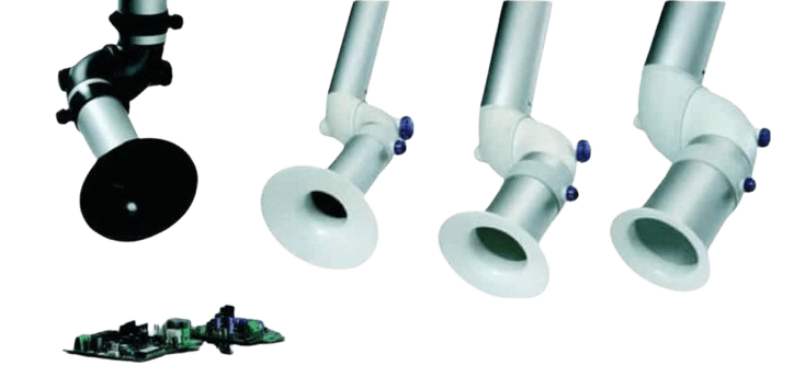 A set of four Movex ESD Snorkels with white funnels is strategically positioned above electronic circuit boards. These articulated extraction arms are crafted for efficient fume removal and are depicted from various angles.