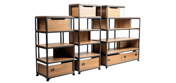 Three modular wooden shelves with black metal frames, each boasting open compartments and drawers, create the perfect office shelving setup. Their modern industrial design stands out against a plain background, making them ideal for any sleek workspace.
