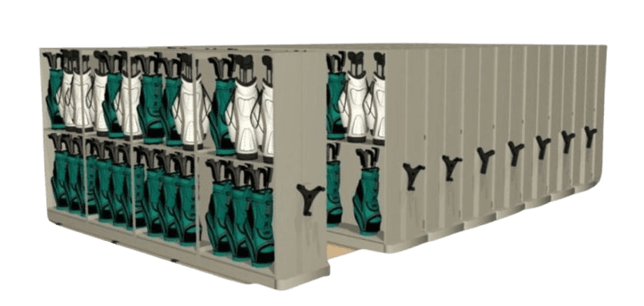Tiered metal shelves, akin to SpaceFile Mobile Shelving for Golf Bag Storage, hold rows of neatly arranged green and white ski boots. The two-tier stacks showcase several boots facing forward, suggesting an organized storage or display setting.