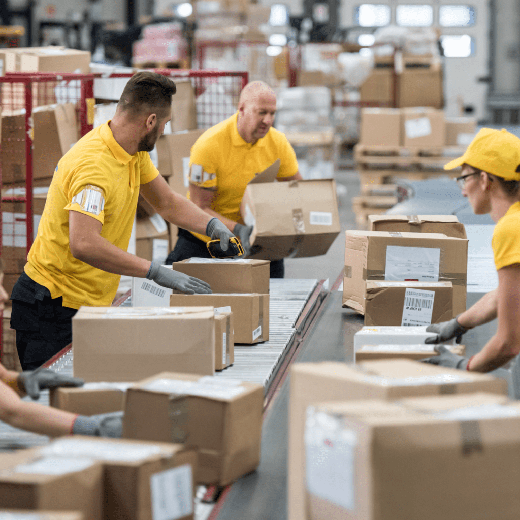 Workers in yellow shirts and gloves efficiently sort packages on a conveyor belt in a bustling warehouse setting. As various labeled boxes are scanned and organized, the flow mirrors the precision of food service operations, with red carts and shelves adding structure to the scene.
