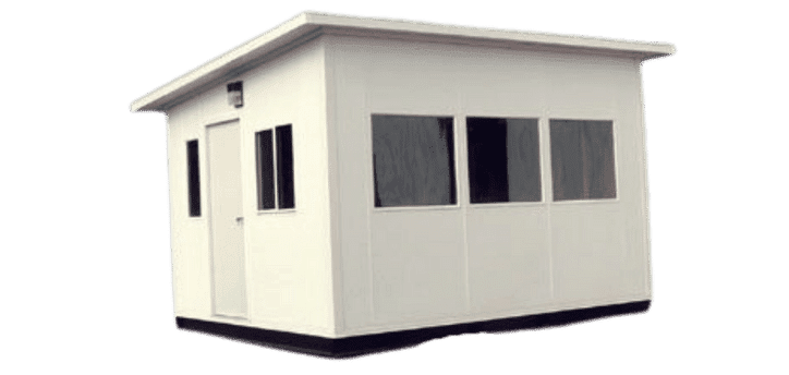 A small, white, rectangular portable building with a slanted roof features a door and three windows on its visible sides. This structure, reminiscent of those in Panel Built images, rests on a flat surface with no discernible surroundings.