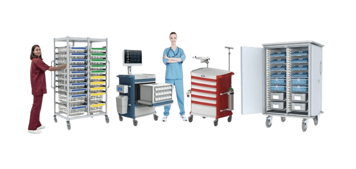 Medical professionals are standing near various types of Pegasus Medical mobile carts, featuring shelves, drawers, and a computer screen. Each cart is equipped with storage bins and instruments against a pristine white background.