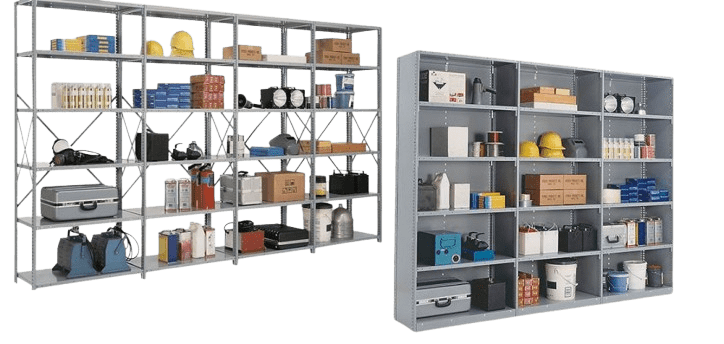 Two metal Penco Clipper Shelving units are filled with various tools and equipment, including boxes, hard hats, jugs, and cases. Items are organized on multiple shelves, showcasing a blend of industrial and safety gear. The background is transparent.