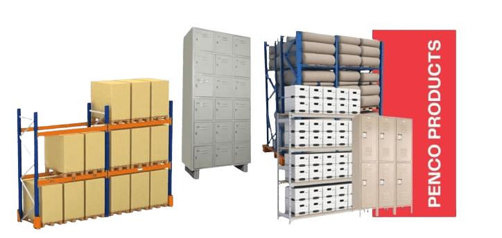 Shelving displays with cardboard boxes, customizable lockers, and rolls of material. A red banner reads Penco Products, showcasing innovative storage solutions.