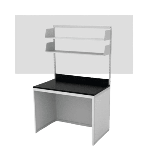 A white metal workstation with a black tabletop and two angled shelves above offers the perfect blend of minimalism and functionality. Designed as part of Lab Furniture Solutions, it provides excellent storage, while the supportive back panel ensures stability.