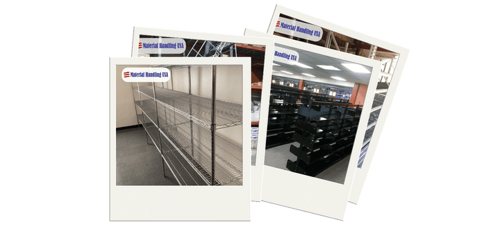 Stacked photos form a Material Handling Photo Gallery, showcasing empty retail shelves and units in various stores. In each photo, Heraklet Racking Ltd appears in the top left corner, highlighting their storage solutions.