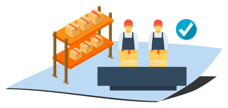 Illustration of two workers in hard hats and aprons on a conveyor belt, each with a cardboard box. Nearby are orange shelves with more boxes, showcasing efficient picking and packing solutions. A blue circle with a white checkmark is on the right.