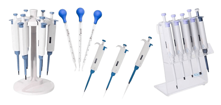 Discover our collection of laboratory pipettes, featuring a circular stand with multiple pipettes for mastering pipette handling techniques. It includes four glass droppers with blue bulbs, three adjustable pipettes, and a transparent vertical stand to ensure precise pipette calibration every time.