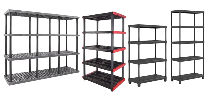 Displayed are four types of storage shelves: the first is gray with four levels, the second features black and red with five levels, the third is black with four levels, and the fourth is black with five levels. Consider our Heavy Duty Plastic Shelving options for durability.