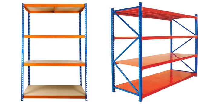 Two metal shelving units are shown side by side, ideal for a retail stockroom. The left unit boasts blue vertical supports and orange shelves, while the right showcases red shelves and blue supports, each offering four tiers of sturdy storage space.