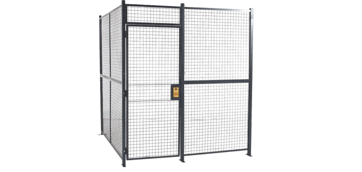 Customizable security enclosure with a mesh design and a hinged door featuring a yellow lock mechanism. The robust structure provides visibility inside, making it perfect for warehouse security or storage purposes.
