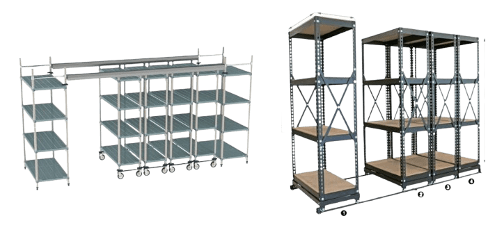 The image displays two sets of metal storage shelves on wheels, perfect for shoe inventory management. The left set is L-shaped with multiple levels, while the right boasts a rectangular frame and wooden shelves. Both offer adjustable configurations to optimize storage space efficiently.