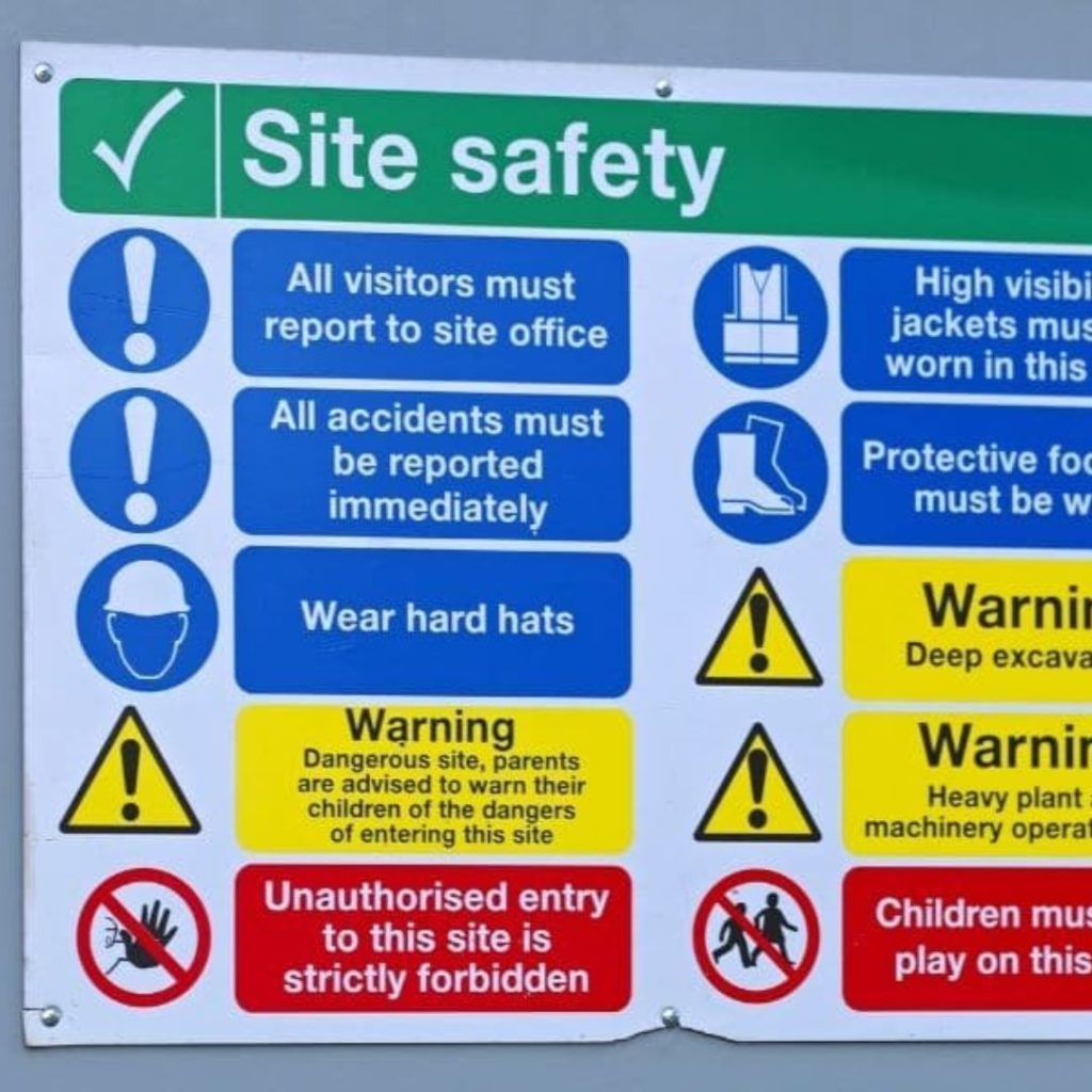 Site safety sign with blue and yellow sections. Blue: visitors report to site office, report accidents, wear hard hats. Yellow: warning about site dangers, deep excavation, heavy plant movement. Unauthorized entry forbidden. Department icons included for easy identification in offices.