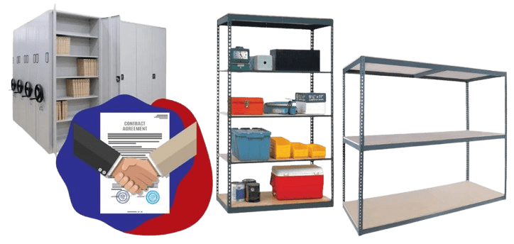 Image showcasing versatile storage solutions: a mobile shelving unit filled with books, a metal rack organizing office supplies, and an empty metal shelf. An inset highlights a handshake over a State Shelving Contracts document.