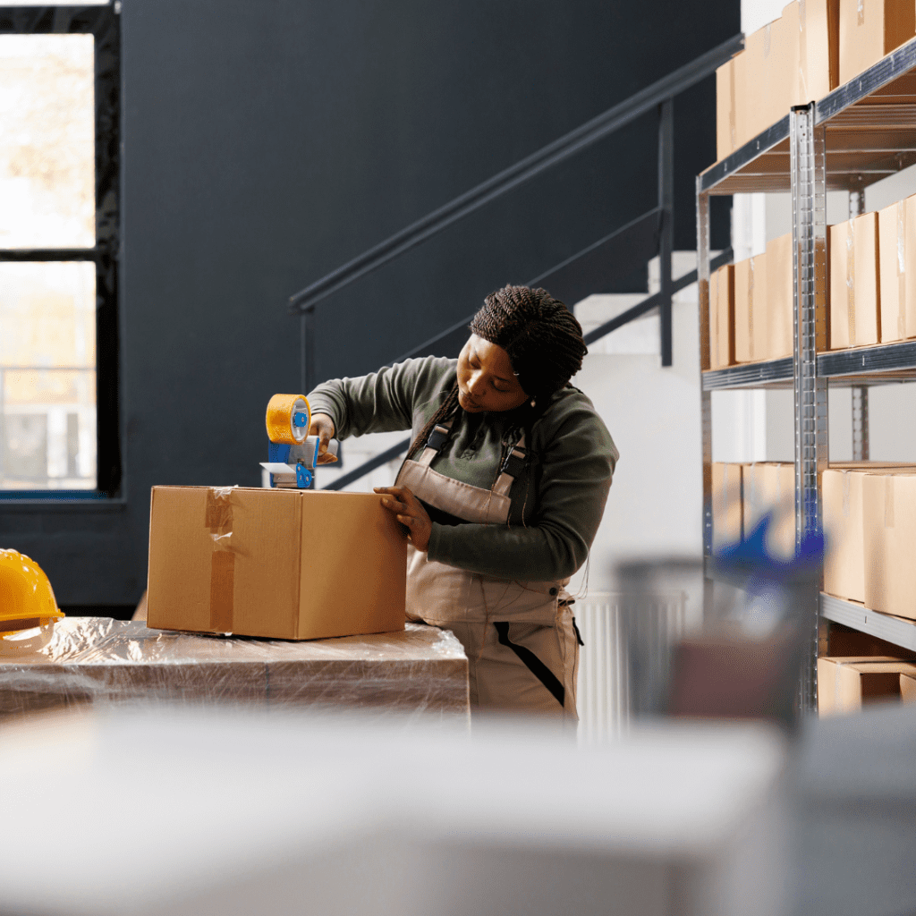 In the warehouse, a person in a gray hoodie and overalls carefully seals a cardboard box with tape. Nearby, shelves filled with boxes and a hard hat rest on a surface, ensuring everything is organized like an education departments well-stocked supply room.