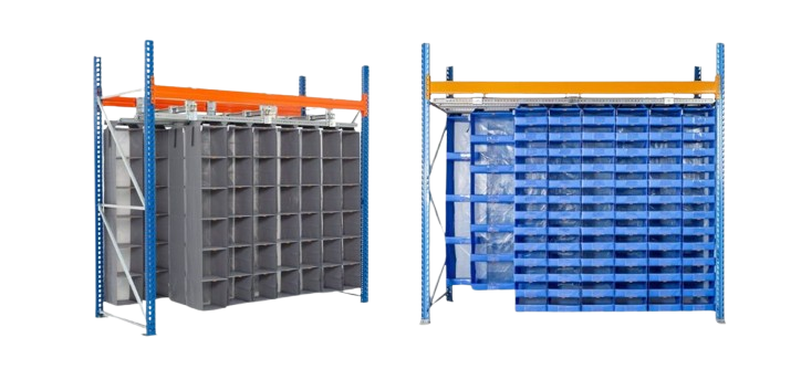 Two commercial pallet racks feature plastic storage crates. The left rack holds large gray crates, while the right displays smaller blue ones. Both metal-framed racks with orange and blue accents showcase the Storeganizer system, optimizing your Pick 360 efficiency.
